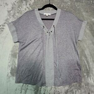 Ivy Ridge Womens Gray Striped Lace Up V-Neck‎ Short Sleeve Top Blouse Medium